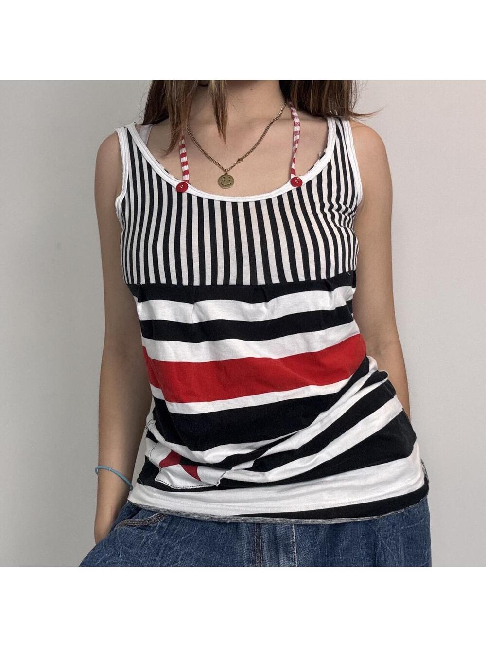 Y2K rockstar striped tank top with guitar appliqué and button halter-like strap!